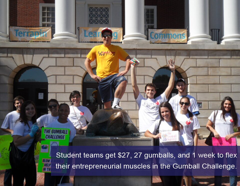 Student teams get $27, 27 gumballs, and 1 week to flex their entrepreneurial muscles in the Gumball Challenge.